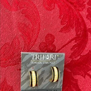 Trifari Gold, Black and Rhinestone Hoop Earrings